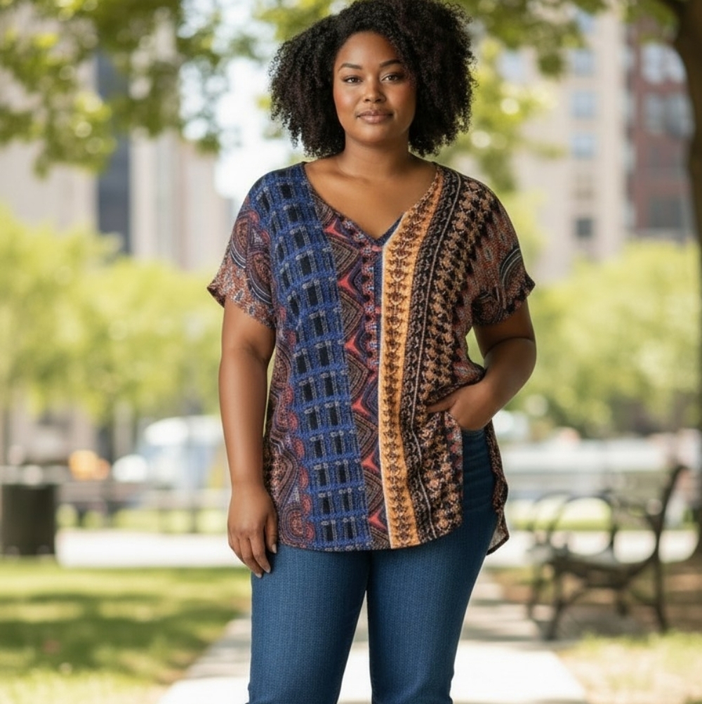 Dana Buchman Boho Print Tunic XL Short Sleeve Travel Art Global Multicolor
